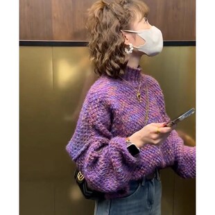 上衣 洋气针织打底衫 半高领毛衣女秋冬加厚2024新款 宽松慵懒风时尚