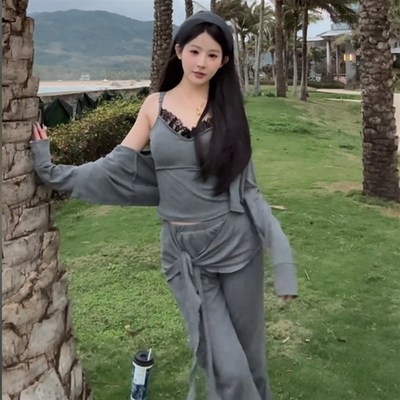 春夏季韩系简约纯色开衫显瘦吊带高腰提臂休闲微喇叭裤长裤套装女