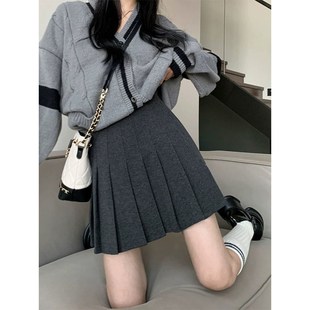 灰色毛呢百褶裙女秋冬小个子高腰显瘦百搭A字半身裙大码 胖mm短裙