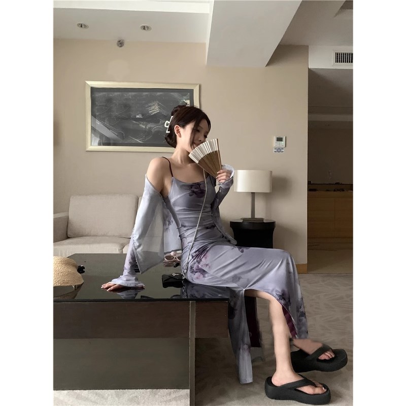 法式新中式玫瑰扎染吊带连衣裙女夏季防晒开衫修身包臀长裙子套装