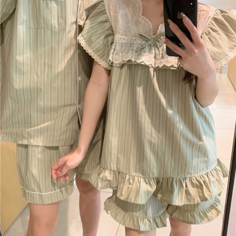 2025新款夏季纯棉情侣韩版蕾丝清凉透气宽松短袖睡衣可外穿家居服