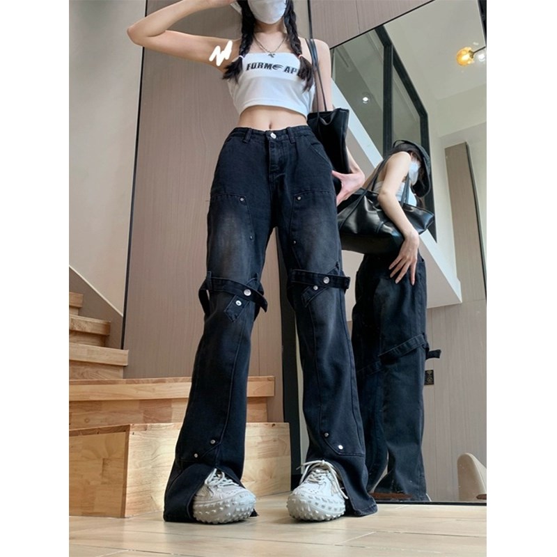 300斤加肥加大胖mm大码美式复古微喇牛仔裤女高街绑带显瘦喇叭裤