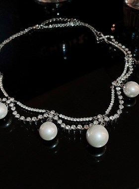 珍珠镶钻双层项链链条法式轻奢高级感锁骨链时尚气质颈链项饰