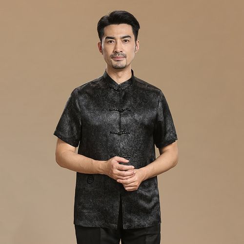 中老年夏季盘扣唐装男立领中式国风短袖衬衫抗旱免烫休闲爸爸装