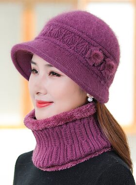 冬季中老年新款妈妈帽兔毛加绒加厚针织盆帽保暖防风帽子围脖套件