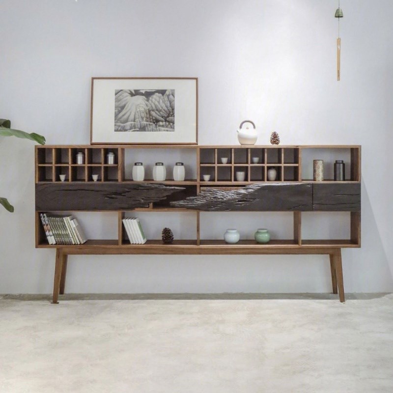 侘寂风展示架 实木博古架餐边柜茶叶柜储物架可订.作 茶杯架