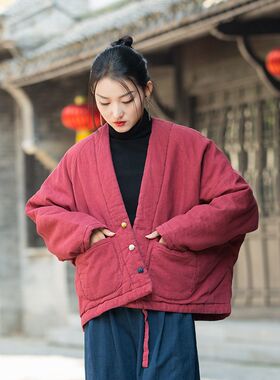 2024秋冬新品棉麻女装文艺复古盘扣夹棉上衣女式苎麻保暖短款棉衣