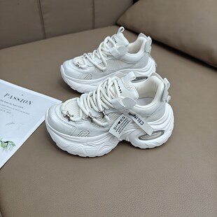 真皮米色厚底老h爹鞋女2025夏季透气网面增高百搭显脚小休闲运动