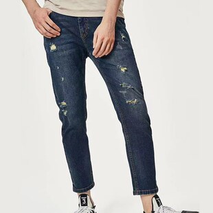 微弹舒适高棉九分牛仔裤柔软修身破洞时尚易打理潮流百搭长裤子潮