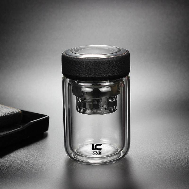 耐热双层玻璃杯办公室茶杯圆润水杯男女士杯子矮胖泡茶加厚皮纹盖,餐饮具,玻璃杯,淘宝优惠券,粉丝福利购,淘宝优惠卷