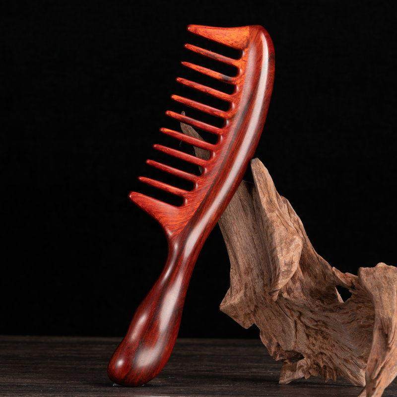 紫檀木梳子大宽齿卷发梳非洲小叶紫檀大号圆柄鼓柄刻字礼品节日梳