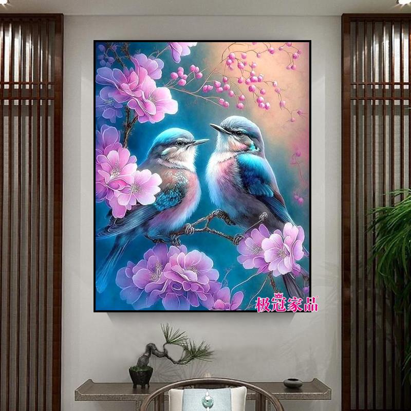 新中式钻石画2024新款花鸟点贴钻十字绣满钻客厅茶室砖石贴画带框