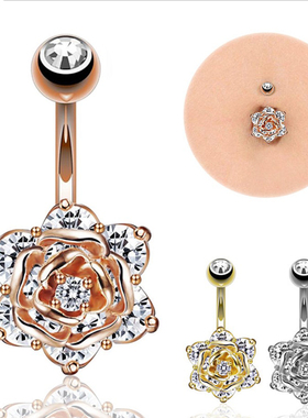 2024ebay亚马逊速卖通wish热销玫瑰花锆石钻肚脐环穿刺饰品肚脐钉