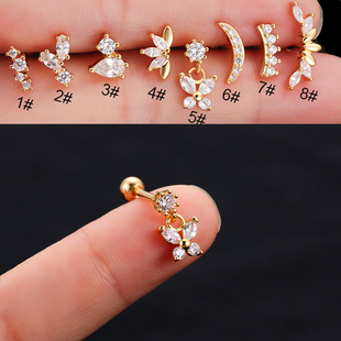 新款双头螺丝不锈钢粗杆耳钉蝴蝶锆石耳骨钉欧美外贸穿刺耳饰单个