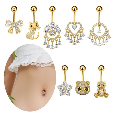 Chirarrose不锈钢肚脐环微镶小熊猫圆形小水滴个性肚脐钉穿刺饰品