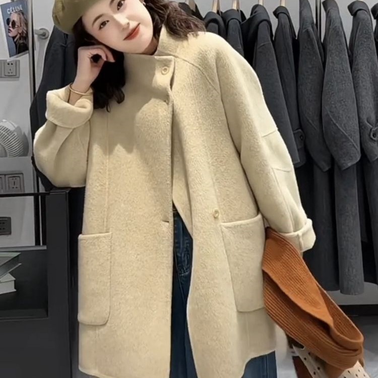 双面羊绒大衣女秋冬韩版立领高级感气质小个子宽松羊毛呢外套女