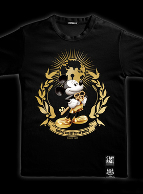 五月天阿信潮牌stayreal童梦米奇t恤 短袖黑色休闲情侣烫金休闲