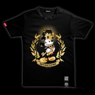 五月天阿信潮牌stayreal童梦米奇t恤 短袖黑色休闲情侣烫金休闲