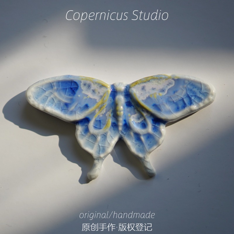 蝴蝶装饰陶瓷冰箱贴油画感新中式手工立体浮雕理手绘原创设计图片