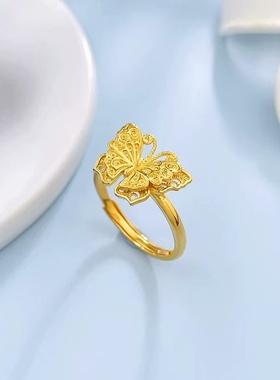 5G黄金花丝蝴蝶戒指女999足金新款镂空活口指环纯金食指戒送女友