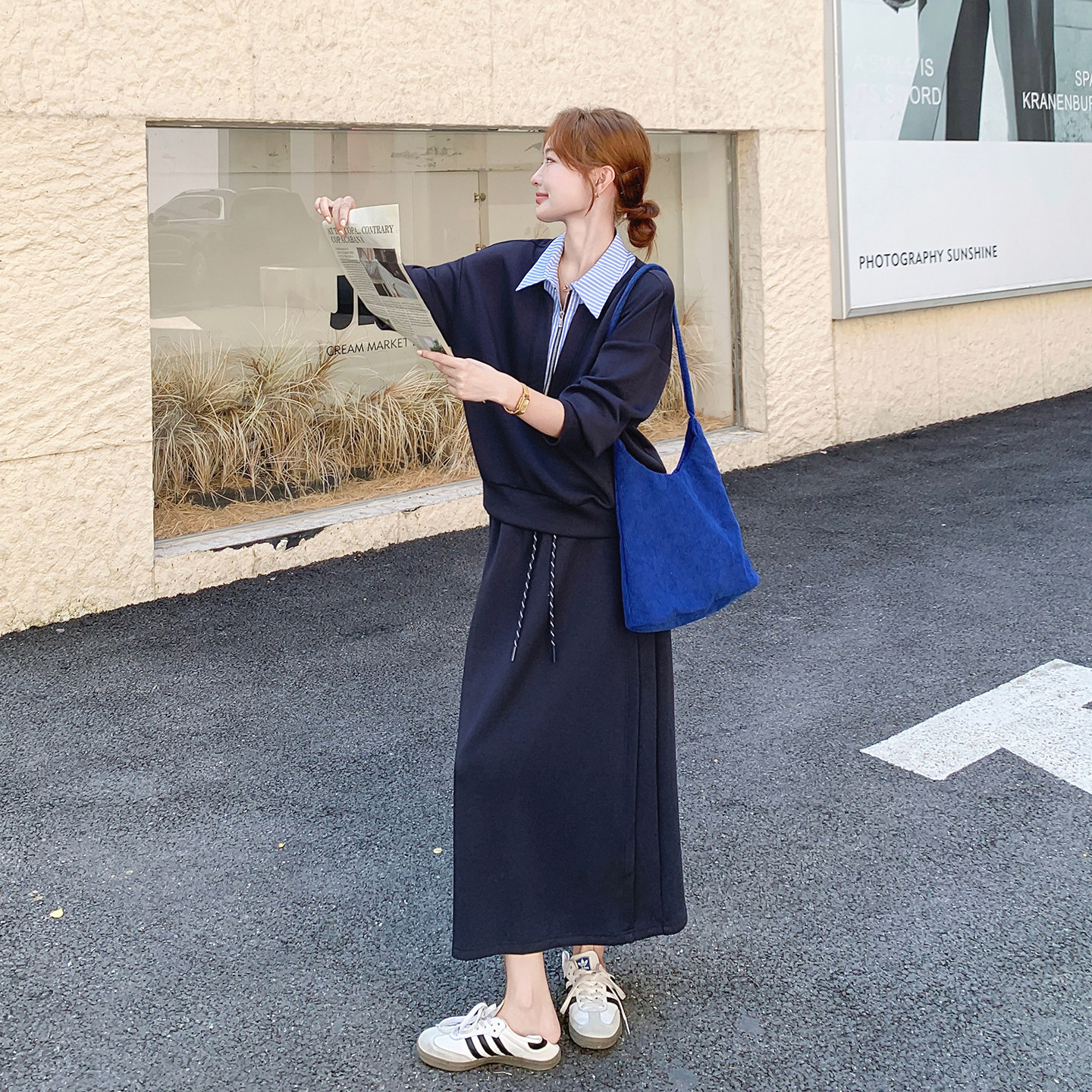 【档口有货】藏青色拼接条子卫衣两件套2C079-4519-p175-k268,女装套装/套裙,2C079