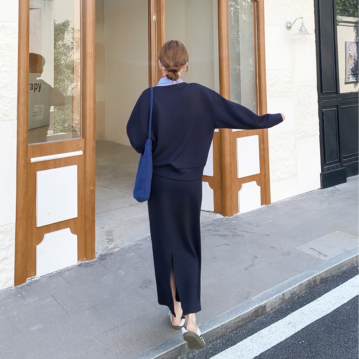 【档口有货】藏青色拼接条子卫衣两件套2C079-4519-p175-k268,女装套装/套裙,2C079