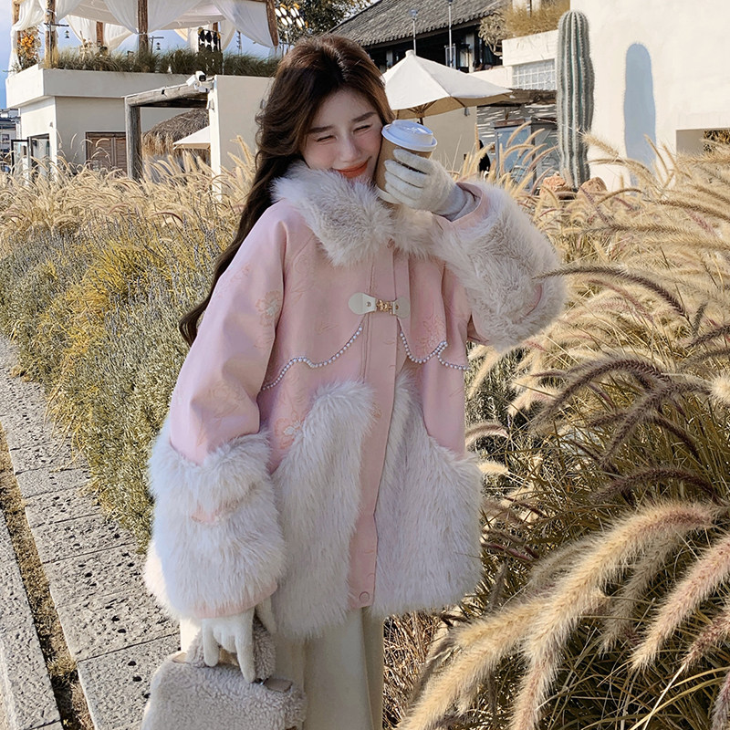 【！】粉色蝴蝶印花托卡兔毛内胆派克服2C079-3476-p205-k298，女装皮草，2C079