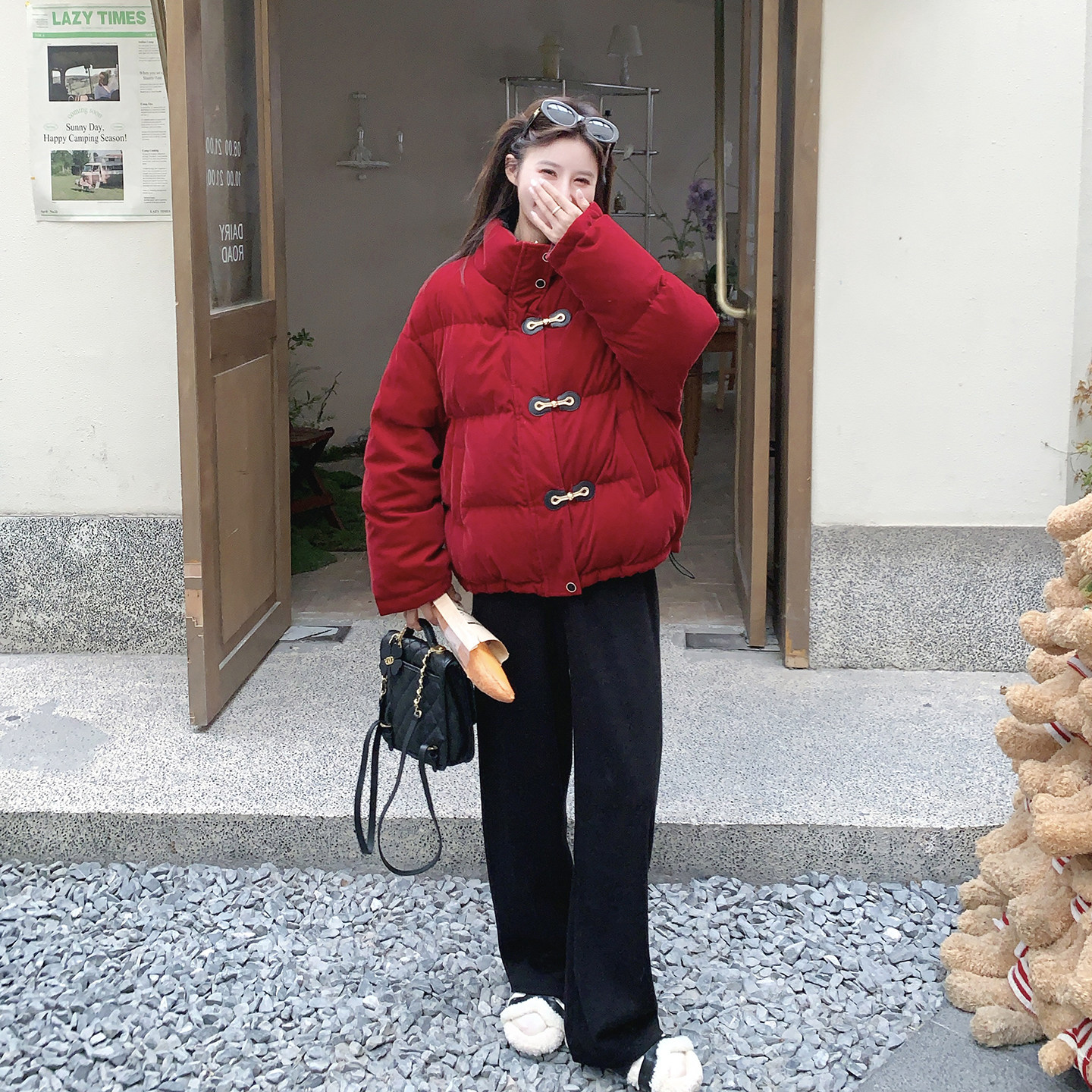 法式复古范红色绒感羽绒服2025冬季立领氛围感加厚双面穿时尚外套,女装羽绒服,2C079