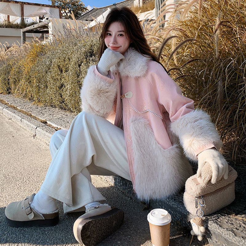 【！】粉色蝴蝶印花托卡兔毛内胆派克服2C079-3476-p205-k298,皮草,2C079