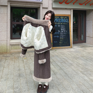 韩系复古仿皮草拼接羽绒服外套半身裙两件套女秋冬2025新款厚套装图片
