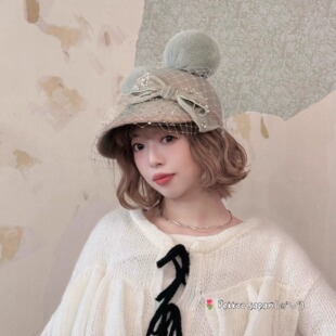 可爱百搭 57.5cm CIRQUTURE CIQ262 珍珠毛球渔夫帽 网纱蝴蝶结