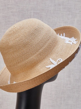 Athena new york 天然草 BARBARA 蕾丝绒花 优雅遮阳草帽 可折叠