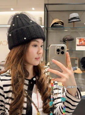 55-59cm CA4LA KTZ02582 ANYTHING P6 珍珠网纱针织帽毛线帽