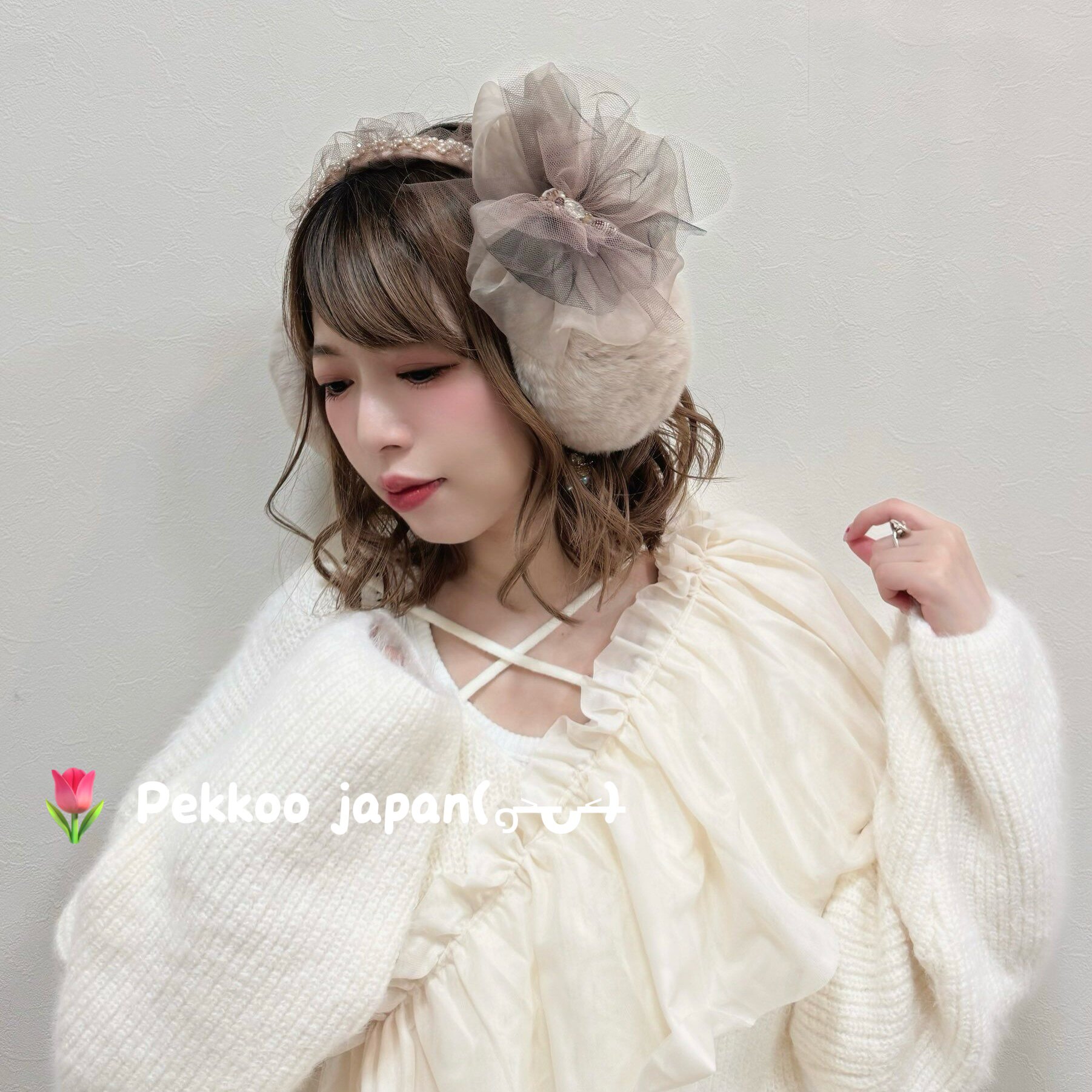 24秋冬 CIRQUTURE CIQ228 甜美珍珠网纱软糯糯护耳保暖耳套