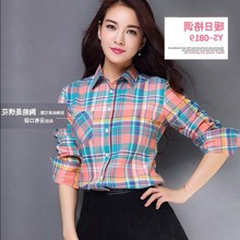 衬衣磨毛百搭休闲女装 全棉修身 大码 纯棉女士长袖 春秋新款 格子衬衫