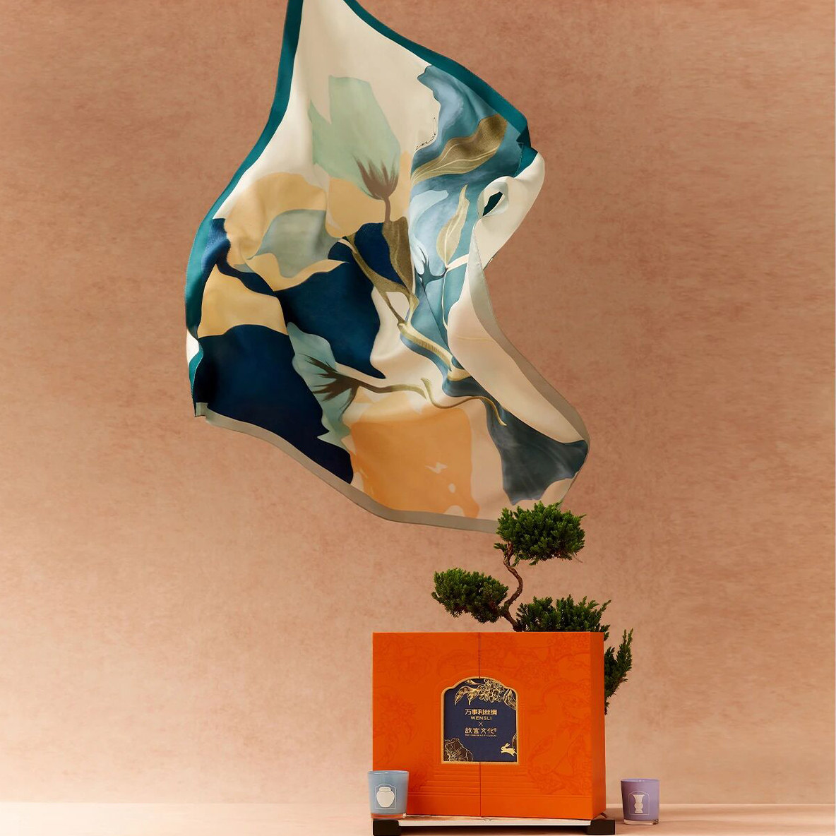 万事利2025专柜新品桑蚕丝大方巾/围巾+屏风+香氛礼盒《长乐未央