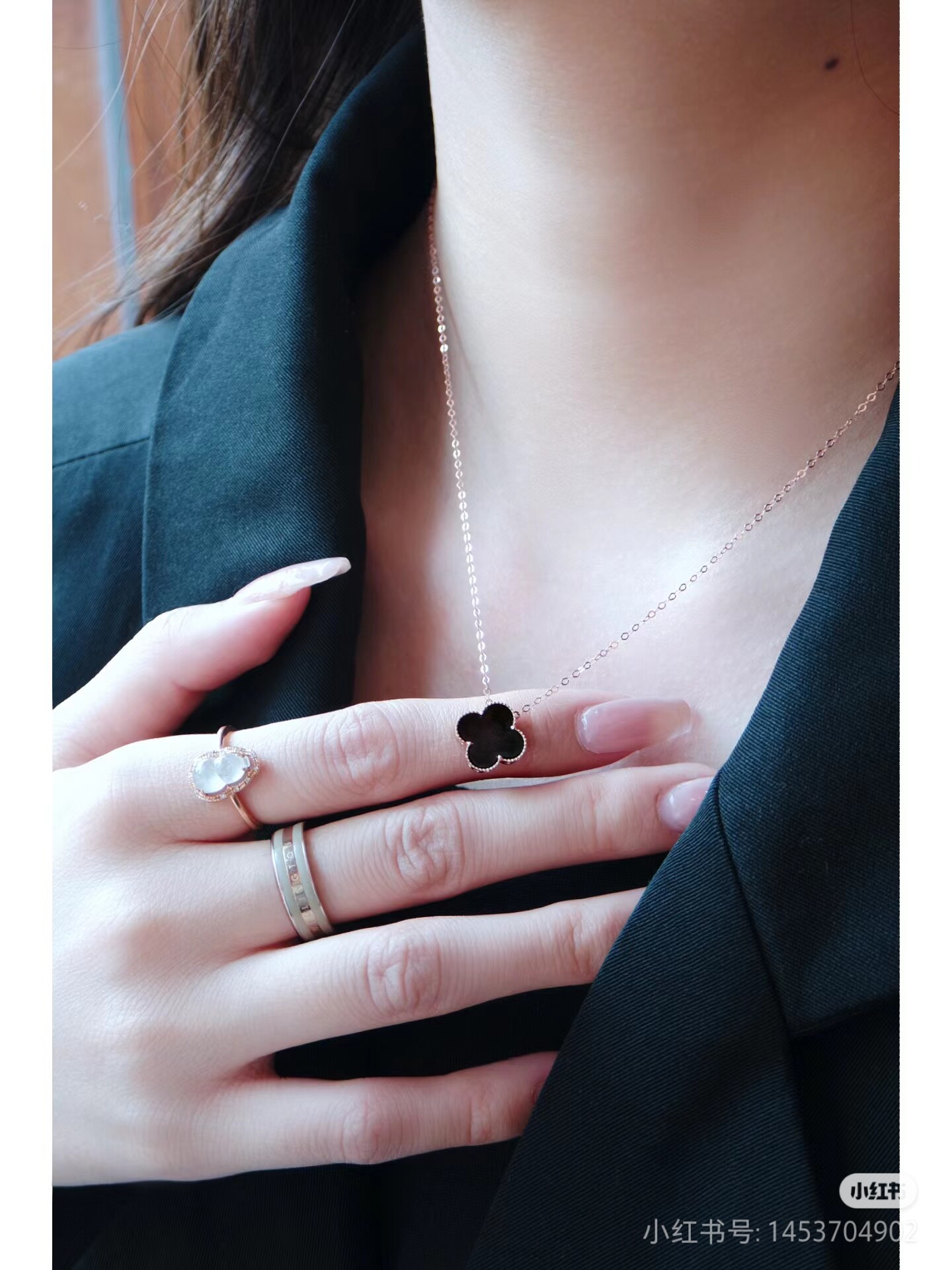 18k金镶嵌天然墨翠四叶草吊坠女款玉石挂件玉坠项链