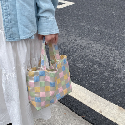 复古糖果色浮雕花格少女手提女包