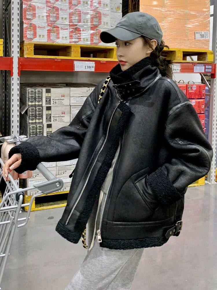 羊羔毛外套女冬季2025新款爆款黑色加厚羊羔绒皮毛一体机车服棉服