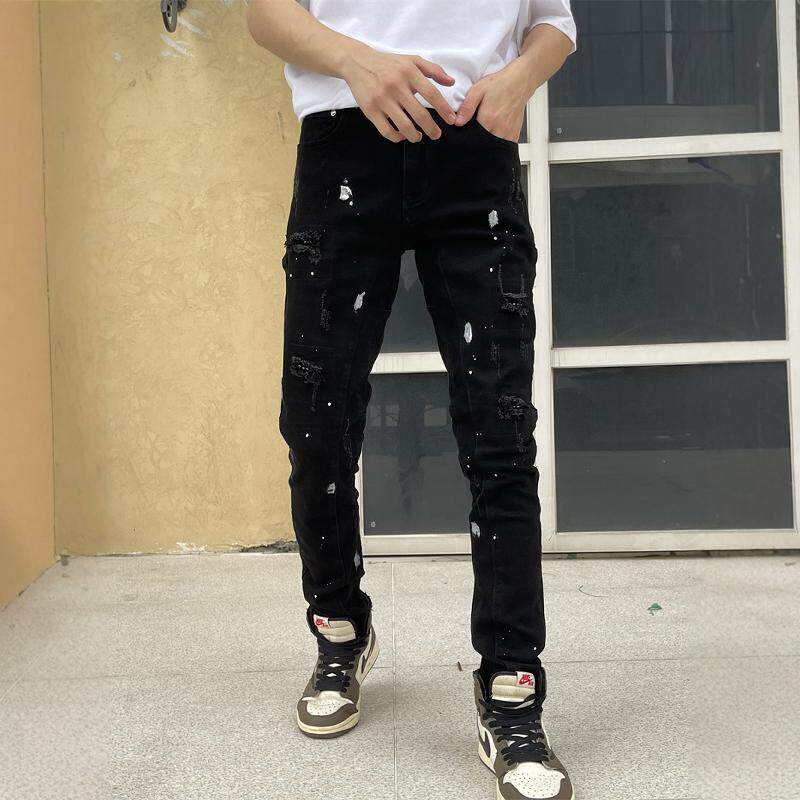 高端修身牛仔裤男款潮牌休闲百搭弹力小脚长裤子拼接春秋黑色新款