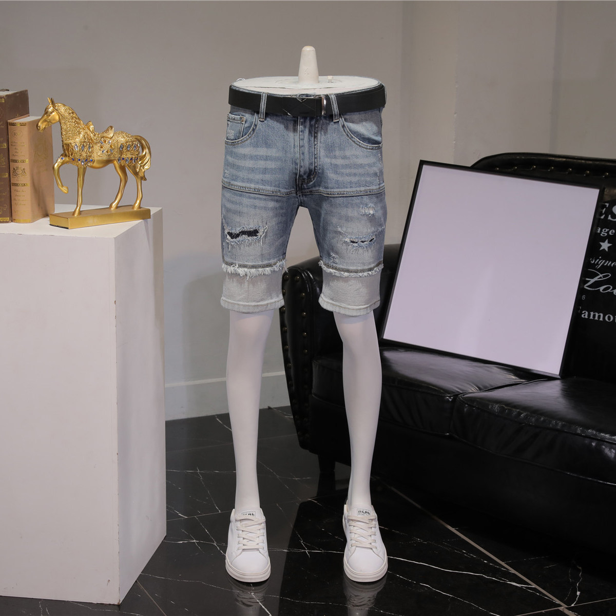 夏季破洞拼接牛仔短裤男弹力中裤修身五分裤子青年ins5分男裤薄款