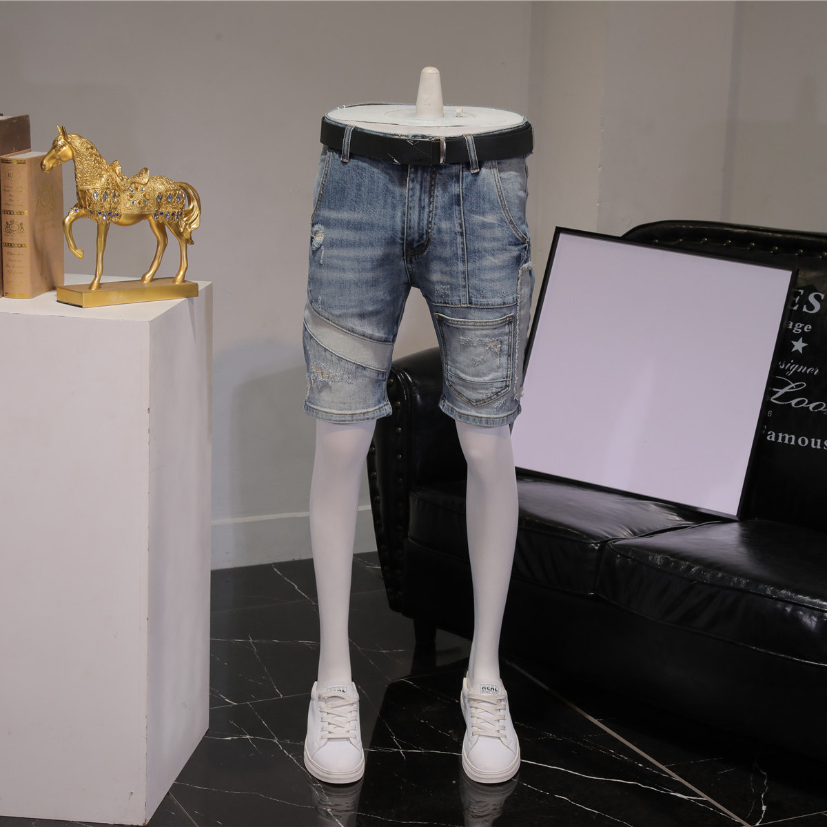 2026夏季薄款牛仔短裤男潮牌五分裤休闲中裤浅色拼接马裤半裤痞帅