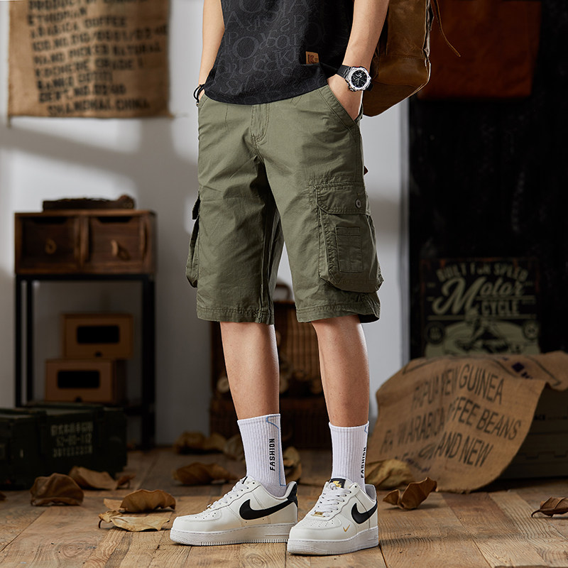 纯棉大口袋工装短裤男生夏季大码卡其色宽松六分休闲运动薄款中裤