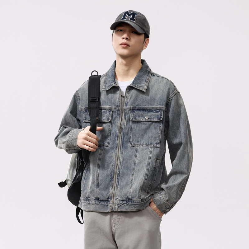 高街牛仔外套男士秋冬新款潮流痞帅复古潮流拉链工装