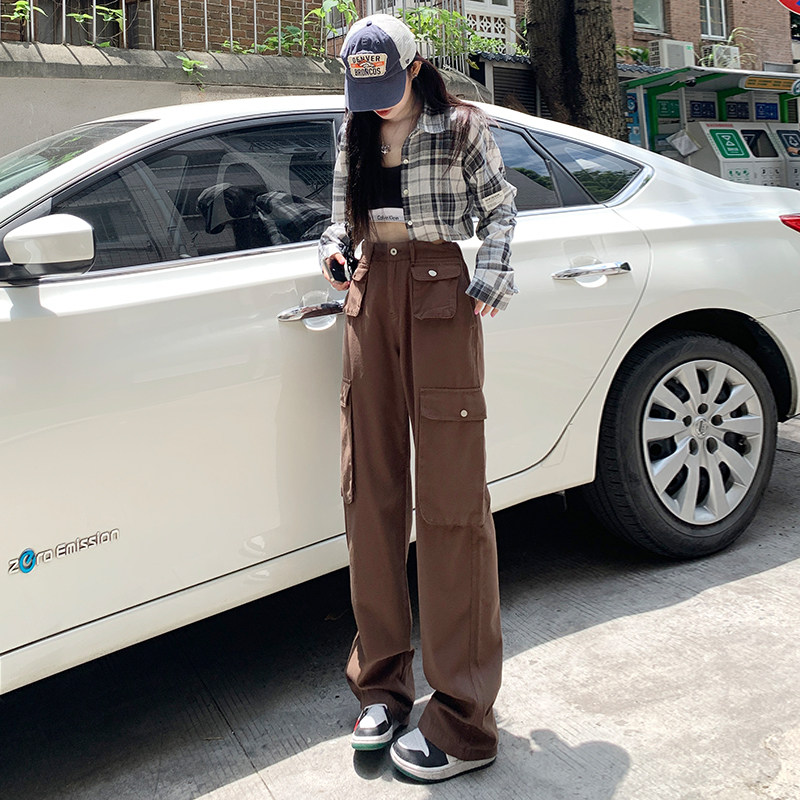 秋冬韩版宽松直筒拖地裤牛仔裤女潮2022飒爽秋冬工装多口袋经典