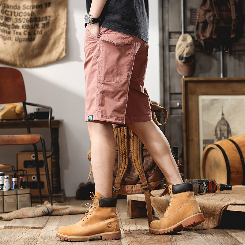 夏季薄款工装短裤男外穿潮牌5分复古砖红宽松直筒休闲五分裤百搭