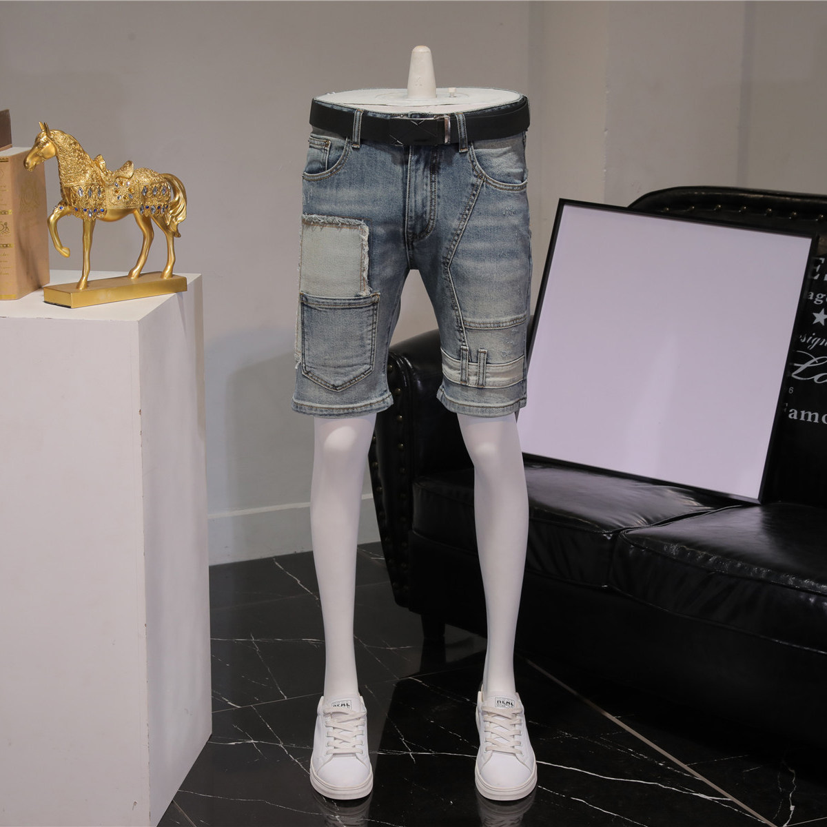 夏天牛仔短裤男士夏季薄款浅色拼接休闲外穿五分2026新款中裤港