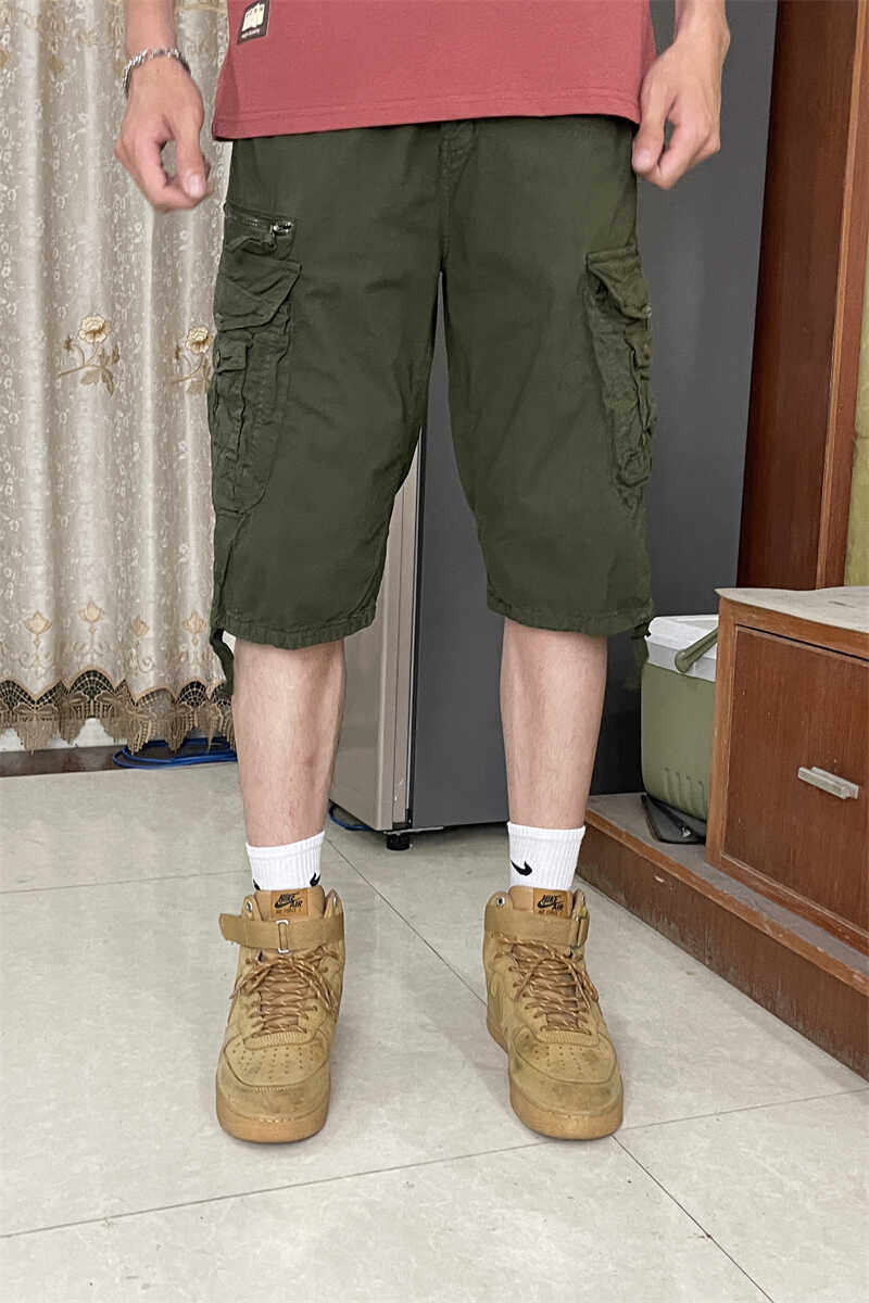 新品美式重磅工装七分裤男士宽松直筒大码中裤夏季薄款复古休闲短