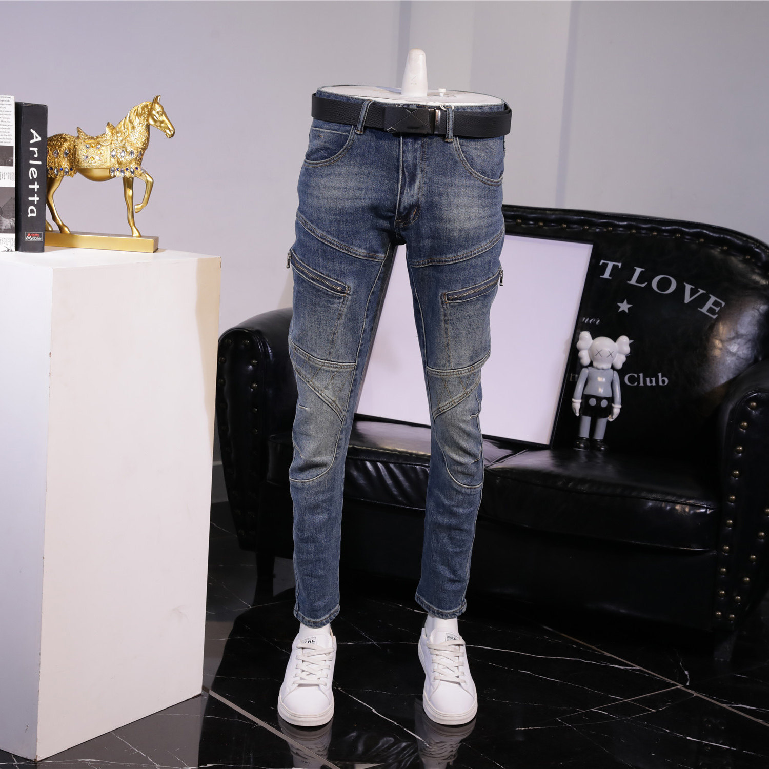 春秋复古高端牛仔裤男怀旧时尚弹力修身小脚长裤男拼接水洗工艺