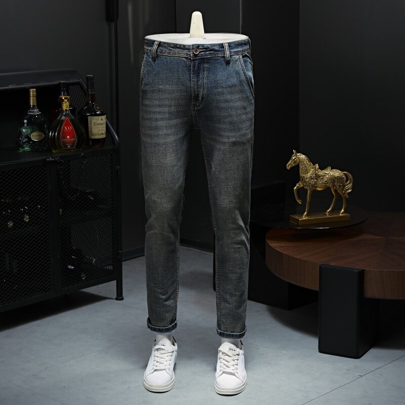 2026年春秋复古修身小脚牛仔裤男弹力时尚牌青年怀旧长裤子加绒